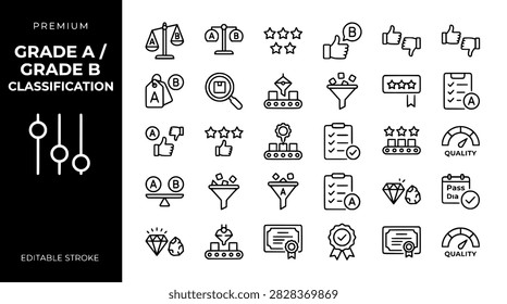 Grade A and Grade B classification icons set for product quality control and manufacturing standards featuring editable stroke line art on white background