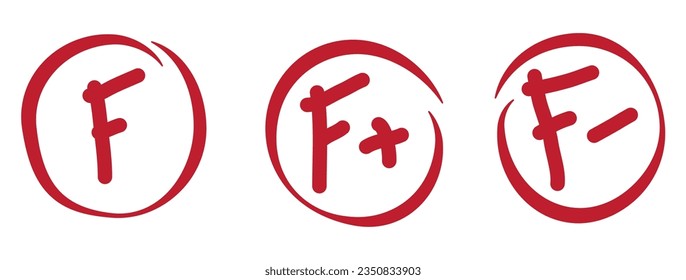 Grade F results. Hand drawn vector set of grades with minuses and pluses in circle frame. Red notes: F, F plus, and F minus, School red mark handwriting in circle, Grade results set. 