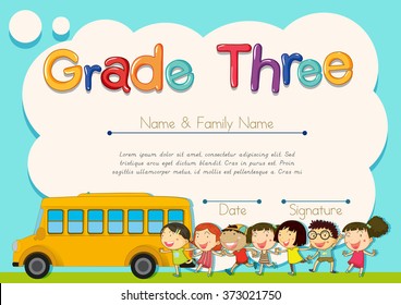 Grade four diploma with schoolbus and kids illustration