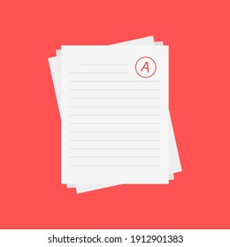 Sistema de evaluación. Cartas y notas del profesor en papel. Ilustración plana vectorial. Un resultado de examen marca roja en el fondo rojo.