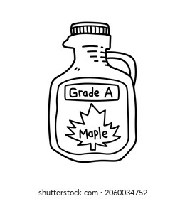 Grade A maple syrup bottle container, a doodle illustration of a grade A maple syrup with a maple leaf symbol, isolated on a white background.