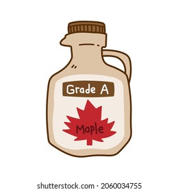 Grade A maple syrup bottle container, a doodle illustration of a grade A maple syrup with a maple leaf symbol, isolated on a white background.