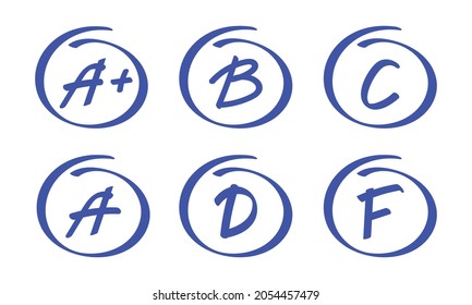 Grade mark hand drawn set icon. School test result of education. Blue signs on white background. Vector illustration