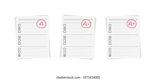 Grade mark on paper sheet. Vector illustration of exam result