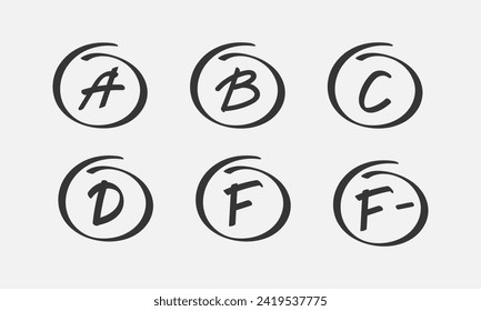 Grade mark results hand drawn set. School or college test of education. Vector illustration