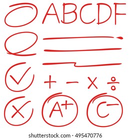 grade marks, check marks, circle markers and underlines