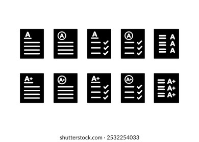 A grade paper form glyph icon. Excellent score result. Performance, achievement, evaluation concepts. Flat vector design isolated illustration.