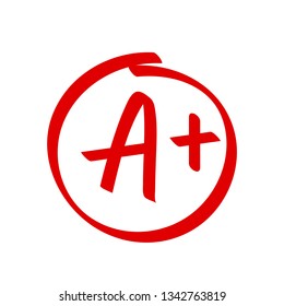 Grade A Plus result vector icon. School red mark handwriting A plus in circle