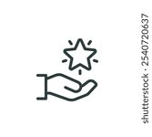 Grade quality, get reward, excellent result outline icon. Line sign human hand holding-hugging shining star symbol. Vector isolated pictograms for web on white background editable stroke.