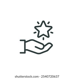 Grade quality, get reward, excellent result outline icon. Line sign human hand holding-hugging shining star symbol. Vector isolated pictograms for web on white background editable stroke.