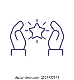 Grade quality, get reward, excellent result outline icon. Line sign human hand holding-hugging shining star symbol. editable stroke