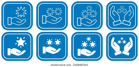 Grade Quality, get reward, excellent result icon. Line sign human hand holding-hugging shining star symbol. Vector isolated on white background