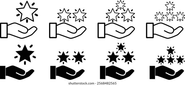 Grade quality, get reward, excellent result outline icon. Line sign human hand holding-hugging shining star symbol. Vector isolated on white background