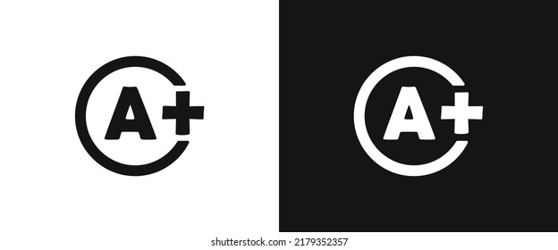 Grade result A+ icon for web. Simple grade result A plus in circle sign web icon silhouette with invert color. Excellent evaluation or rating solid black icon vector design. A+ logo symbol vector