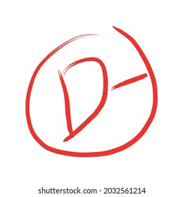 Grade result D minus. Hand drawn vector grade D- in red circle. Best for test exam mark report.