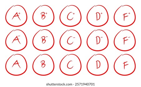 Grade result icon school assessment exam education mark A to F red hand drawn circles pass fail vector button icons collection