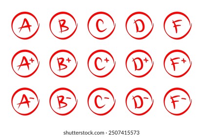 Grade result icon set. Exam results vector illustration. School grades hand-drawn mark icon collection. Education mark symbols from A to F in red hand-drawn circles. Student evaluation sign isolated