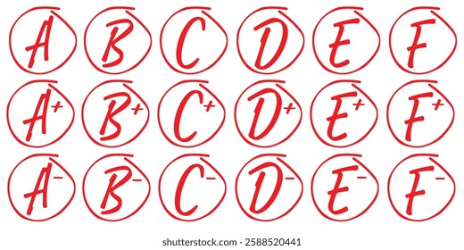 Grade result icon set. Exam results vector illustration. School grades hand-drawn mark icon collection. Education mark symbols from A to F in red hand-drawn circles. Student evaluation sign isolated