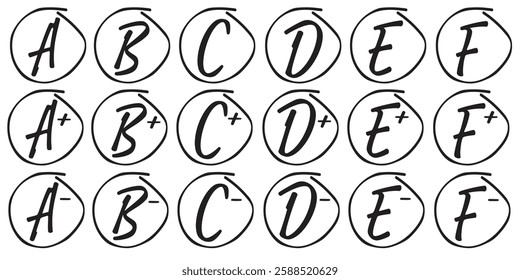 Grade result icon set. Exam results vector illustration. School grades hand-drawn mark icon collection. Education mark symbols from A to F in black hand-drawn circles. Student evaluation sign isolated