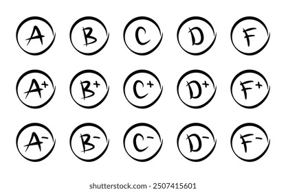 Grade result icon set. School grades vector collection. Exam, test or homework results symbol. Student education performance concept. Black grade result letters in the handwriting circle isolated sign