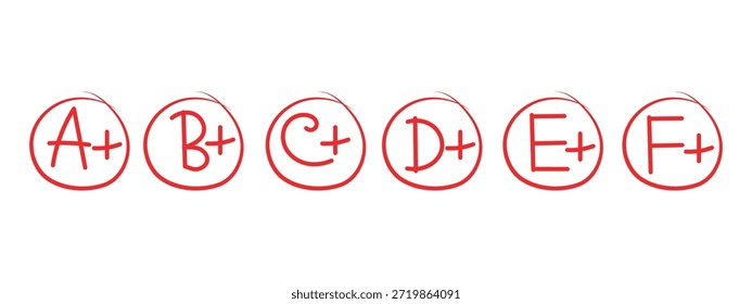 Conjunto de iconos de resultados de calificación. Grados escolares dibujados a mano marca icono colección. Símbolos de marca de Educación de la A a la F en círculos dibujados a mano en rojo. Ilustración vectorial de los resultados del examen.