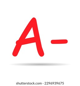 Grade result A minus with shadow. Hand drawn icon in red color. Test exam mark report vector illustration .