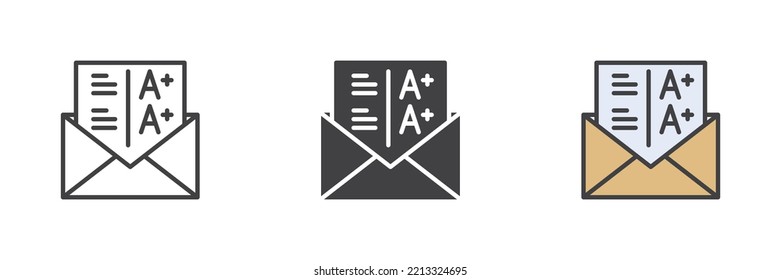 Grade result A plus different style icon set. Line, glyph and filled outline colorful version, outline and filled vector sign. Symbol, logo illustration. Vector graphics