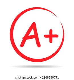 Grade result A plus with shadow. Hand drawn icon in red color. Test exam mark report vector illustration .