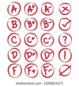 Resultados de grado, resultados de grado. Juego de gradas de vectores dibujados a mano con minus y grúnulos en marco circular. Nota roja: más, menos, marca, cruz, Resultados de la evaluación. Examen escolar o universitario realizado a mano.