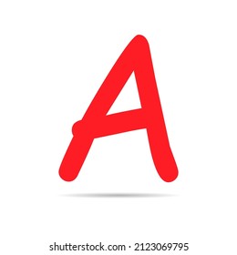 Grade result A with shadow. Hand drawn icon in red color. Test exam mark report vector illustration .