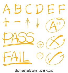 grade results, check marks, plus, minus, pass and fail symbols