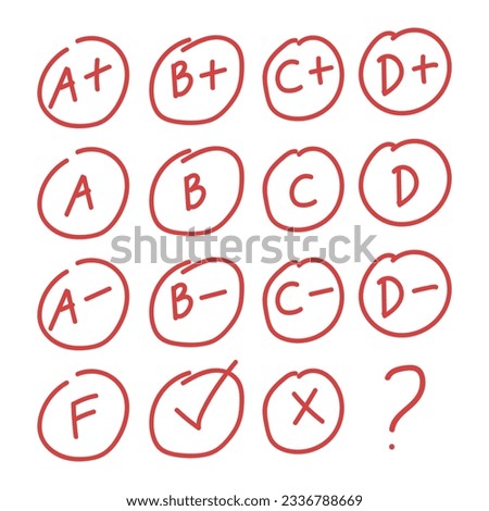 Grade results clipart. Set of different grade exam results flat vector illustration clipart cartoon style, hand drawn doodle. Students, classroom, school supplies, back to school concept