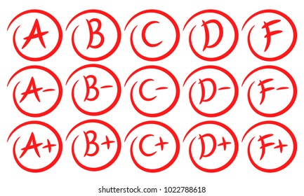 Grade results. Hand drawn grades with circles. Success. Pass the exam. Fall the exam. Vector set isolated on white background.