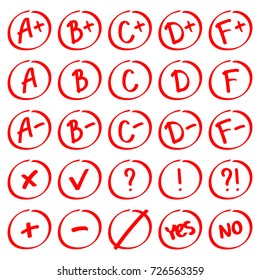 Grade results. Hand drawn vector set of grades with minuses and pluses in circle frame. Red notes: plus, minus, tick, cross, yes, no, interrogative and exclamation mark.