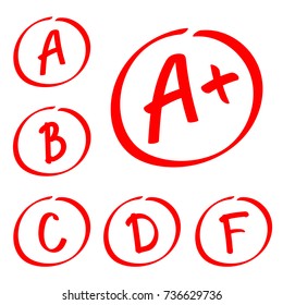 Grade results. Hand drawn vector set of grades in circle frame. Red notes.