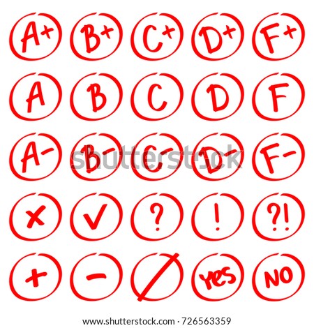 Grade results. Hand drawn vector set of grades with minuses and pluses in circle frame. Red notes: plus, minus, tick, cross, yes, no, interrogative and exclamation mark.