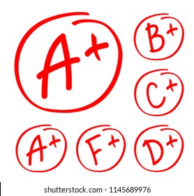 Grade results set. Hand drawn vector grade in red circle. Test exam mark report.