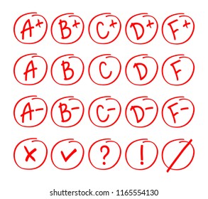 Grade results set. Hand drawn vector grade in red circle. Test exam mark report.