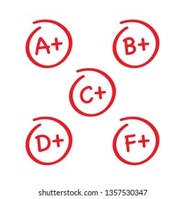 Grade results set. Hand drawn vector grade in red circle. Vector stock illustration.