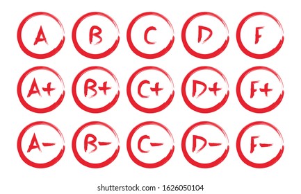 Grade results set. Hand drawn vector grade in red circle.