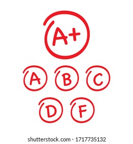 Grade results set. Hand drawn vector grade in red circle. Vector illustration.