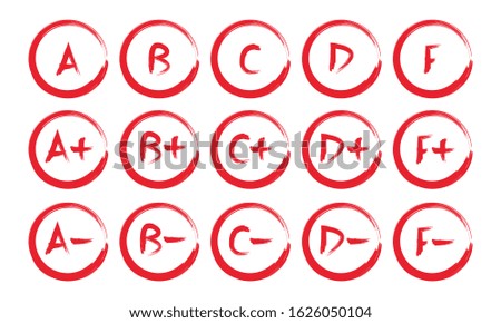 Grade results set. Hand drawn vector grade in red circle.