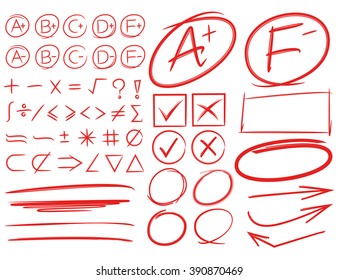 grade results, grade symbols, highlighters, markers, underlines, arrows, math signs, circles 
