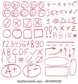 Grade results, symbols markers, underlines, circles and rectangle frames, arrows, math signs and numbers, red color