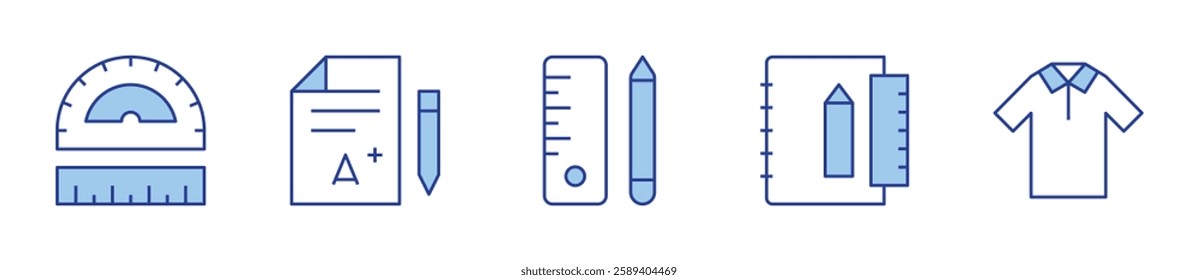 grade, ruler, school material, stationery, uniform. School Icon vector illustration. Line Duotone style. Editable stroke.