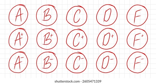 Grade School Exam Mark Set. Circle Grade Score Icon Symbol in Checkered Sheet Paper. Vector Illustration