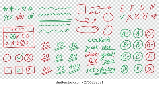 Grade school mark. hand drawn exam marks, grades and checkboxes, arrows and underlines, evaluation icons. Doodle words on grid paper for student assessment