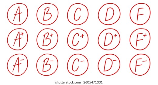 Grade School Mark Red Set. Circle Student Grade Score Icon Collection. Vector Illustration