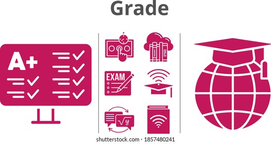 Grade Set. beinhaltet Prüfung, Cloud, Hörbuch, Cap, Test, Hausaufgaben, Schulsymbole. gefüllte Stile.