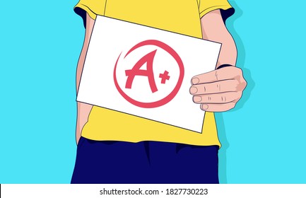 Grade A student - Boy holding a paper presenting a big red top grade. Best in class and great result concept. Vector illustration.